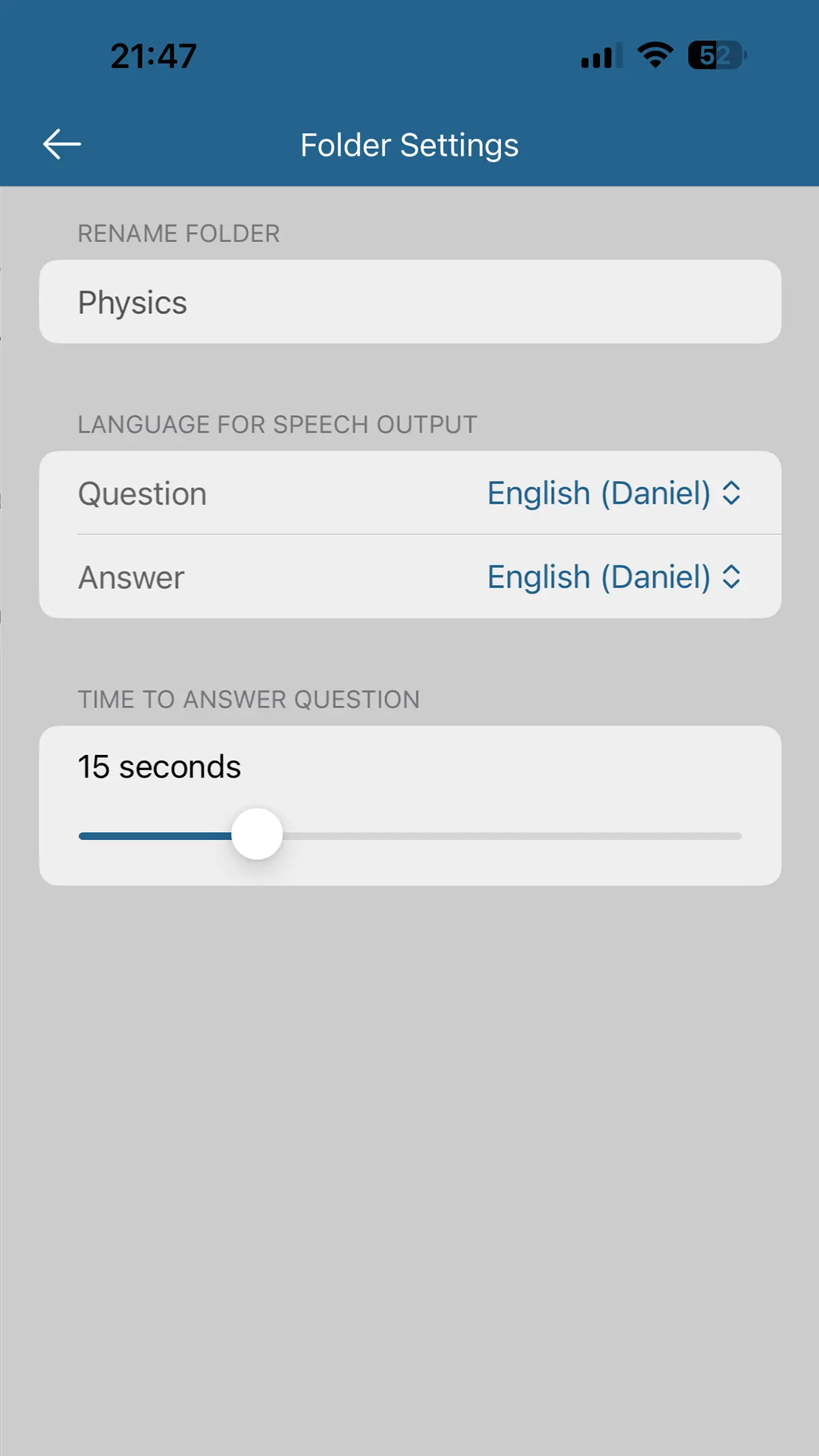Folder settings with speech output and countdown feature.